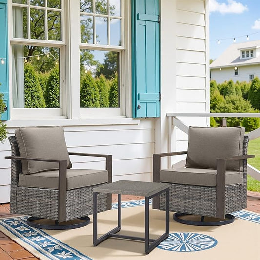 Belord Outdoor Swivel Rocker Chairs Set of 2 with Metal Wide Armrests, 3 Piece Patio Bistro Wicker Chairs with Side Table, Comfort Glider Furniture for Porch, Deck, Sunroom, Backyard