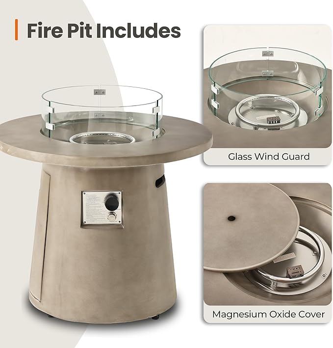HOMPUS Outdoor Fire Pit Gray Propane Fire Table 31 inch Round Concrete Propane Fire Pit with Rain Cover 40,000 BTU Gas Smokeless Firepit for Outside Patio,Garden,Deck,Backyard