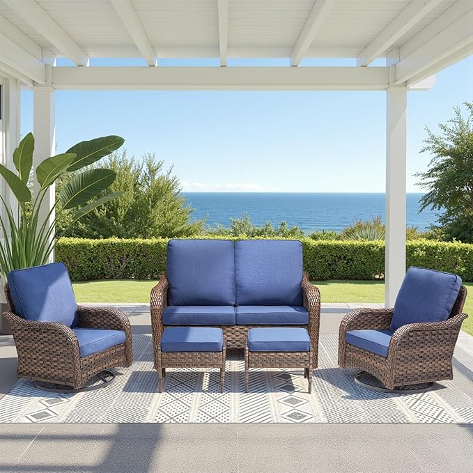 5 Pieces Patio Furniture Set, Outdoor Wicker Sofa with Swivel Patio Chairs, Ottomans, All Weather High Back Rattan Loveseat Couch with Comfy Cushions, Brown/Blue