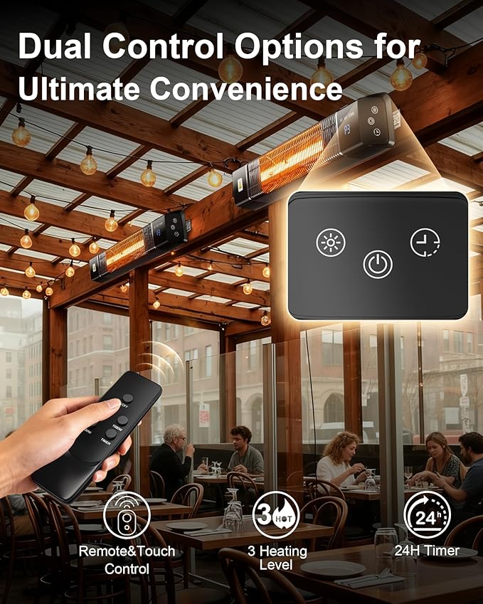 MEPTY Electric Patio Heaters for Outdoor Use, Infrared Outdoor Heater with Remote, Waterproof, Timer, 3 Heating Level, Quiet, Overheat Protection, Wall Heater for Backyard, Porch, Garage