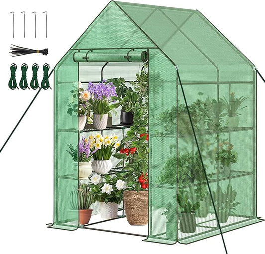Greenhouse, 56×56×76" Walk in Greenhouse, Portable Green House for Outdoors with Thicken PE Cover, 3 Tiers 8 Shelves for Plants, Flowers, Seedling (Green, 56x56x76 inch)
