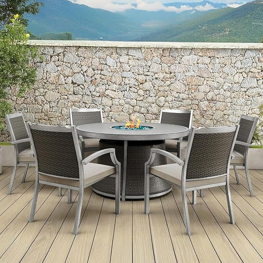 7-Pieces Patio Furniture Set with 52" Round Fire Pit Table, 6 x Patio Dining Chair with Cushions, 50,000 BTU, with CSA Certified, All-Weather Aluminum Frame Conversation Sets for Yard, Patio, Garden