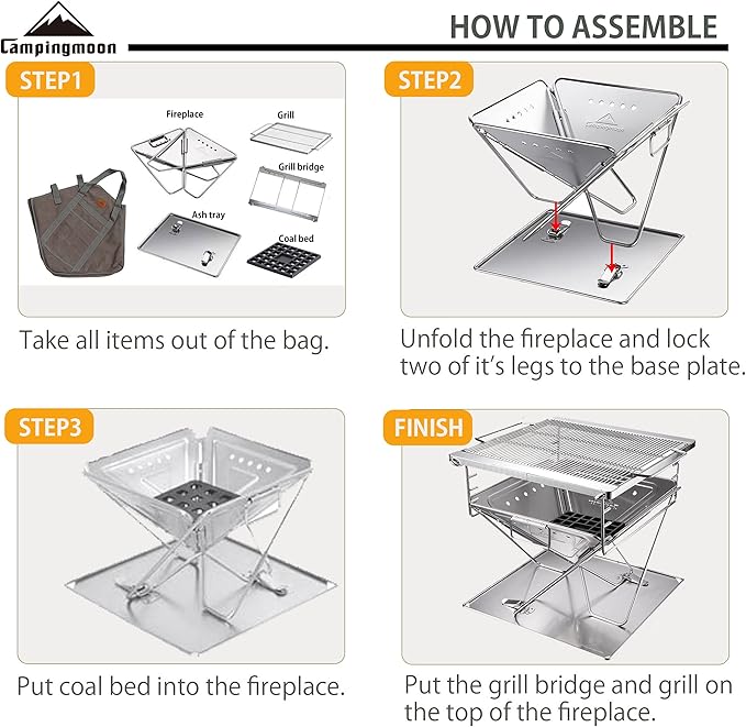 CAMPINGMOON 3-in-1 Portable Stainless Steel Wood Burning Grill and Fire Pit 16x18-inch with Carrying Bag MT-045