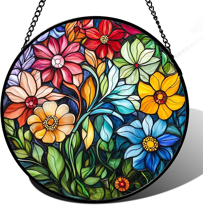 QZQCBLC Stained Glass Window Hanging Colorful Flowers and Green Plants 7.8" - Suncatcher Door Garden Sun Catcher Home Decor Birthday Christmas for Mom Men Woman Nana Friend