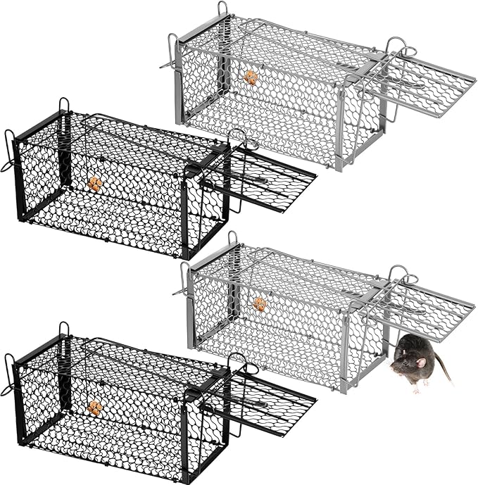 Qualirey 4 Pcs Humane Rat Trap Chipmunk Squirrel Cage Trap Foldable Rodent for Small Live Animal Voles Hamsters Catch and Release for Kitchen Yard Garage Indoors Outdoors (Black,Silver)