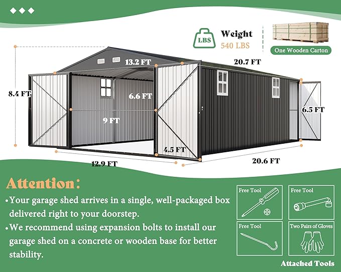 AMERLIFE 13x21x8.4 FT Outdoor Metal Garage Shed, Extra Large Storage Shed with Double Hinged Doors & 4 Windows, Carport for Car, Truck, Bike and Equipment Storage, Dark Gray
