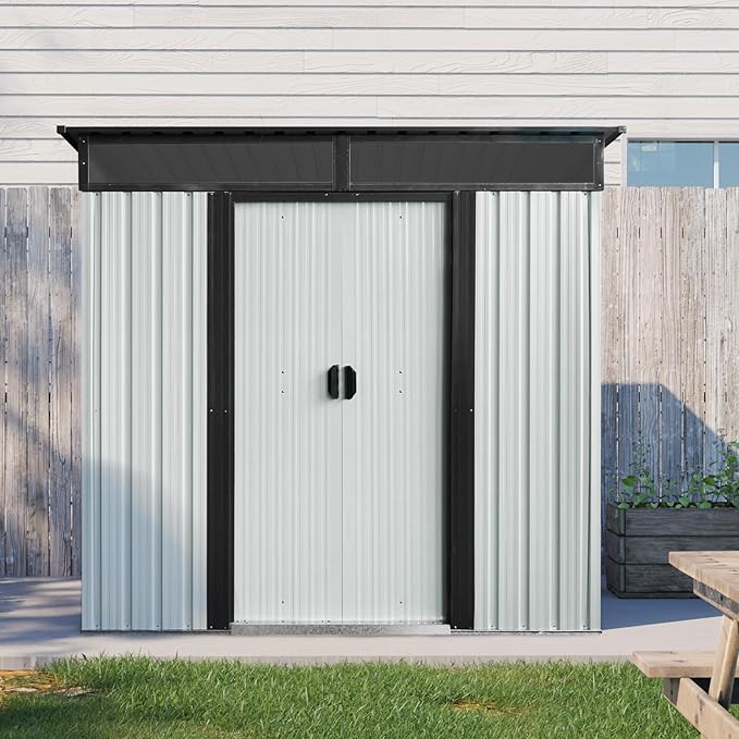 6X5 FT Outdoor Storage Shed, Waterproof Metal Garden Sheds with Lockable Door, Steel Tool Storage Buildings Shed & Outdoor Storage House for Garden, Backyard, Patio, Lawn, Trash Cans(White + Black)