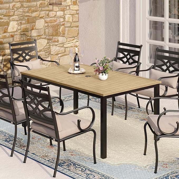 MFSTUDIO Outdoor Patio Dining Table for 6, Rectangle Metal Patio Table 64"x38" Wood-Like Tabletop with Adjustable Umbrella Hole for Deck,Backyard,Lawn,Garden
