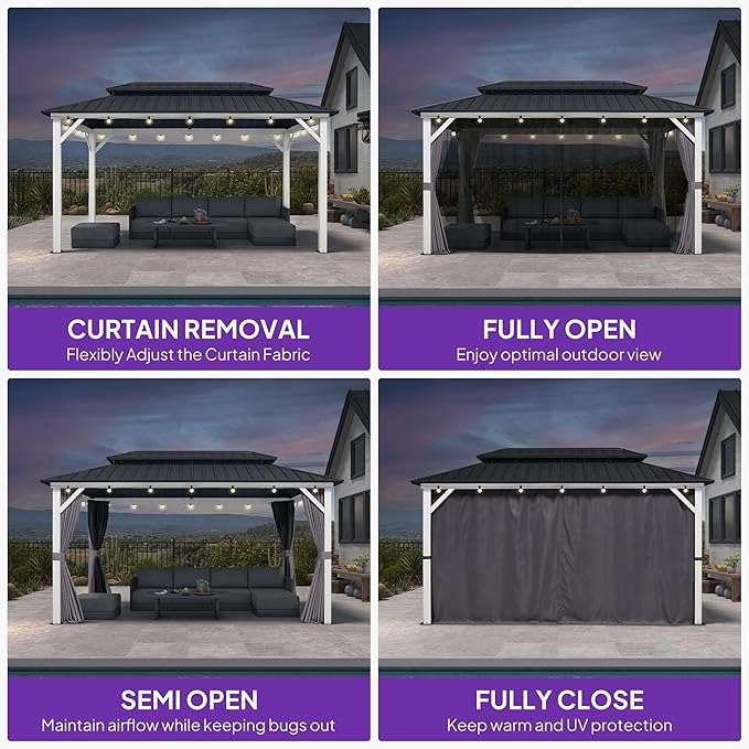 PURPLE LEAF 8' X 14' Outdoor Gazebo Galvanized Steel Double Roof White Aluminum Frame Hardtop Heavy Duty Gazebo with Curtain and Netting for Patio Garden and Backyard, Grey