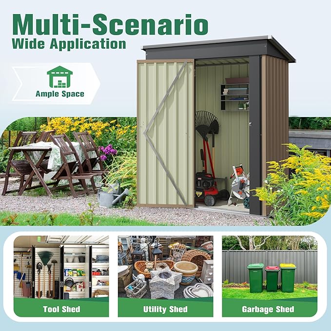 Flamaker 5x3 FT Storage Shed Waterproof Metal Garden Shed with Lockable Door Utility Tool Shed Outdoor Storage for Backyard, Patio and Lawn, Brown