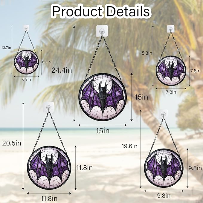 CRISGIF Stained Glass Window Hanging - Halloween Black Bat Purple Wings Monster Suncatcher for Doors Garden Home Spooky Sun Catchers Gothic Decor Horror Gift for Women Men Friend Boy Girl 9.8 in