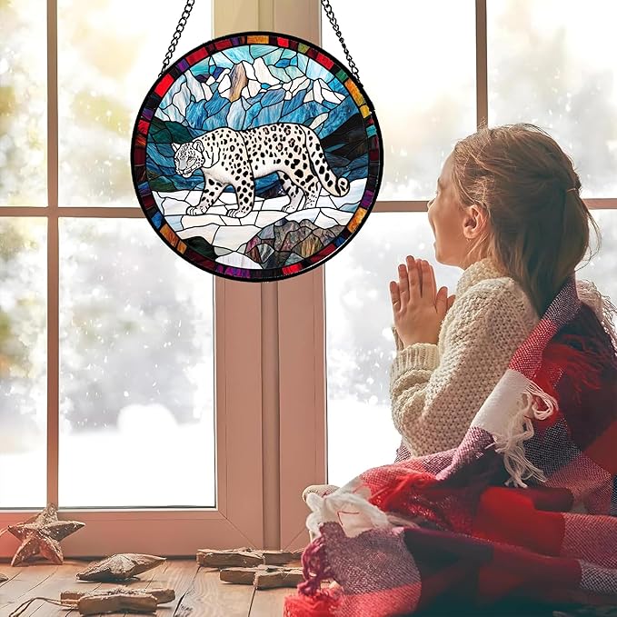 HKDGOKA Stained Glass Window Hanging Blue White Snow Mountain Leopard 9.8" - Suncatcher Door Garden Sunroom Sun Catcher Home Decor Birthday Christmas for Mom Men Woman Nana