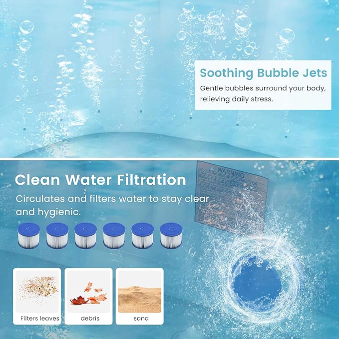 4-6 Person Inflatable Hot Tub, Portable Outdoor Spa with 130 Air Jets, Circulation Heating & Filter System, PVC Blow Up Tub for Backyard & Patio (Square)