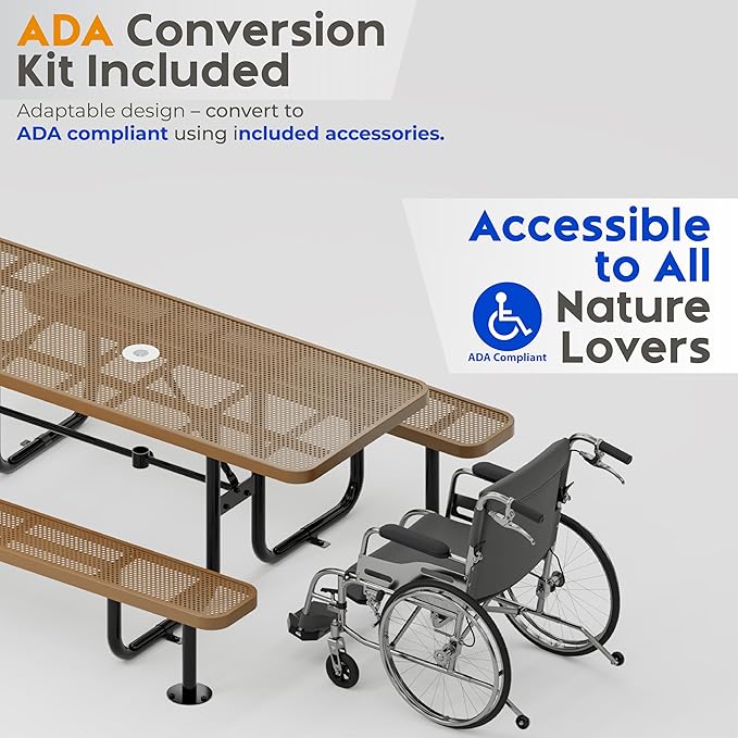 OUTTANS Commercial Heavy-Duty Metal Picnic Table - ADA Compliant, Adjustable Seats, Umbrella Hole (Brown, 6' Rectangular, Punched Steel)