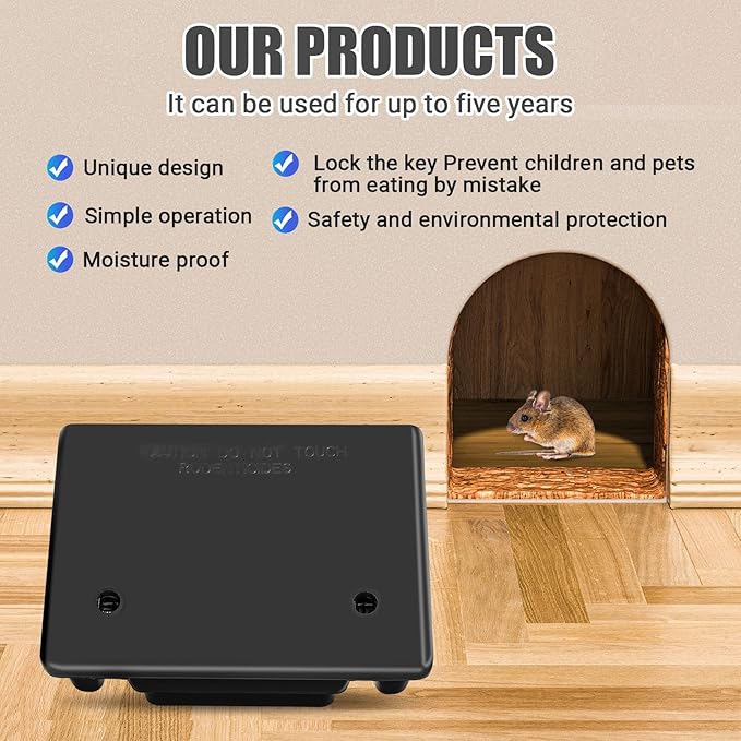 Qualirey 6 Pack Rat Bait Stations Large Rodent with Key Reusable Mouse Stations Mice Blocks Heavy Duty Boxes for Outdoor Rodents Mice Blocks, Bait Not Included, Black (8.66 x 7.5 x 3.9 Inches)
