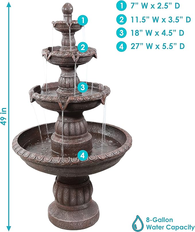 Sunnydaze Mediterranean 49-Inch 4-Tier Outdoor Water Fountain with Electric Submersible Pump for Garden, Patio, or Yard