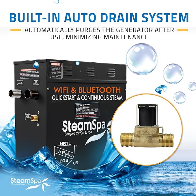 SteamSpa Steam System 6kW Steam Shower Generator with Bluetooth Wifi, Quickstart Continous Steam, Advanced Touch Pad Screen, Chroma Lights, Drain Pan and Auto Drain Gold RVBS600GD-A