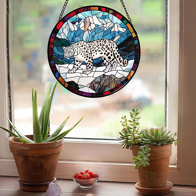 HKDGOKA Stained Glass Window Hanging Blue White Snow Mountain Leopard Large 11.8" - Suncatcher Door Garden Sunroom Sun Catcher Home Decor Birthday Christmas for Mom Men Woman Nana