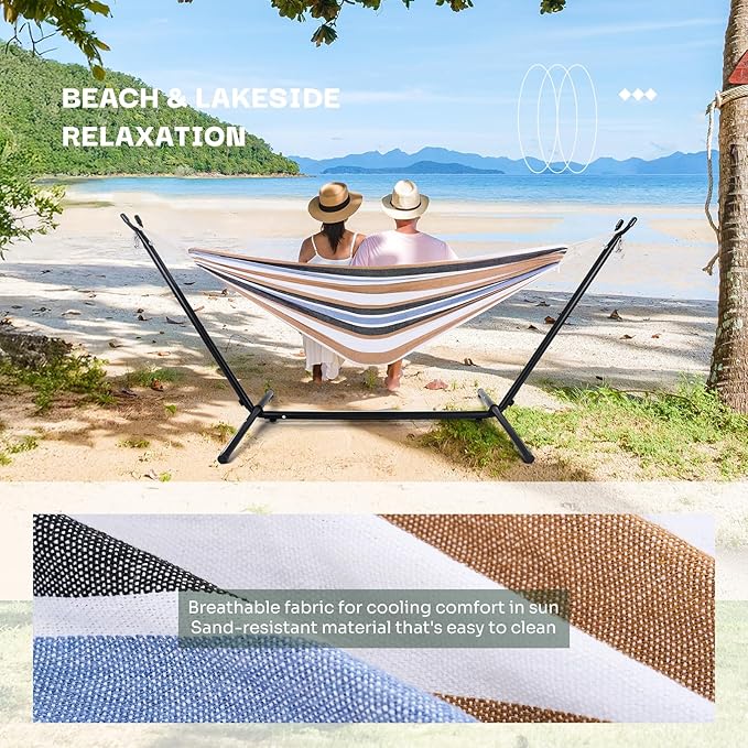 NEWBULIG Double Hammock with Stand, Heavy Duty Portable Hammocks for Outdoor Indoor Patio Camping, Space Saving Design & Carry Bag, Easy Assembly, 450lb Weight Capacity, Coffee