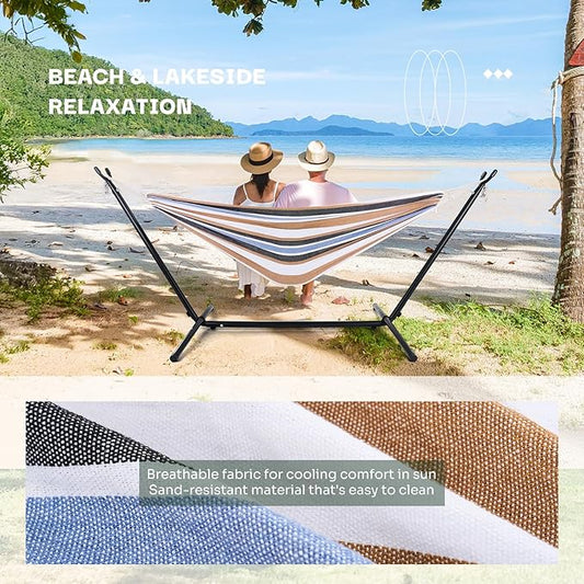 NEWBULIG Double Hammock with Stand, Heavy Duty Portable Hammocks for Outdoor Indoor Patio Camping, Space Saving Design & Carry Bag, Easy Assembly, 450lb Weight Capacity, Coffee
