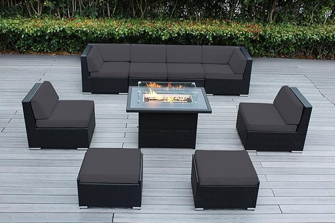 9 Piece Ohana Outdoor Patio Furniture Black Wicker Conversation Set with Fully Assembled Sectional and 42-inch Propane Gas Fire Table