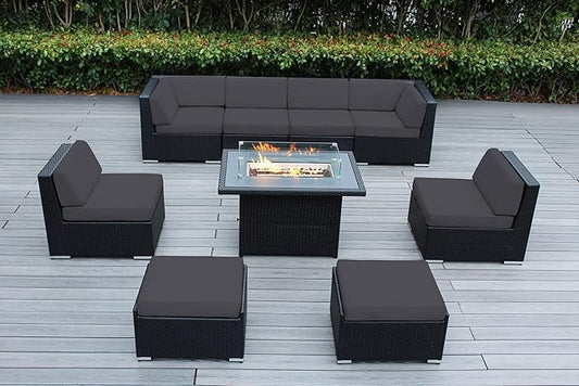 9 Piece Ohana Outdoor Patio Furniture Black Wicker Conversation Set with Fully Assembled Sectional and 42-inch Propane Gas Fire Table