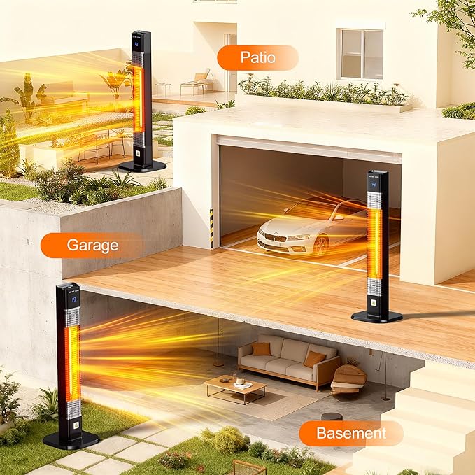 Patio Heater,1500W Outdoor Heater with 3 Heat Levels,Quiet Operation,Carbon Fiber Heating Tube, Remote,24H Timer, Tip-Over & Overheat Protection,Electric Heaters for Garage,Backyard,Porch Black