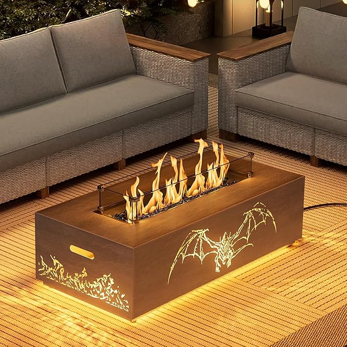 Dragon Fire Pit Table, 42 Inch Propane Gas Outdoor Fireplace with Dragon Pattern, 50,000 BTU Fire Table with Tank Side Table, Blue Fire Glass, Cover Included for Patio and Backyard