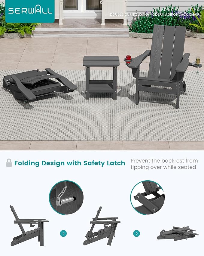 SERWALL Outdoor HDPE Adirondack Chair Set 4, Modern Folding Adirondack Chair with Cup Holders, Weather Resistant Fire Pit Chairs, Gray