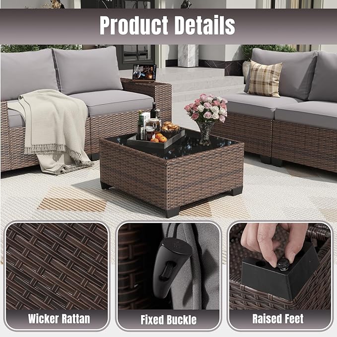 Aoxun 7 Pieces Patio Furniture Set with 44” Fire Pit Table Wicker Rattan Outdoor Sectional Conversation Set with Coffee Table and 4” Thickened Cushions, Gray(Waterproof Cover Included)