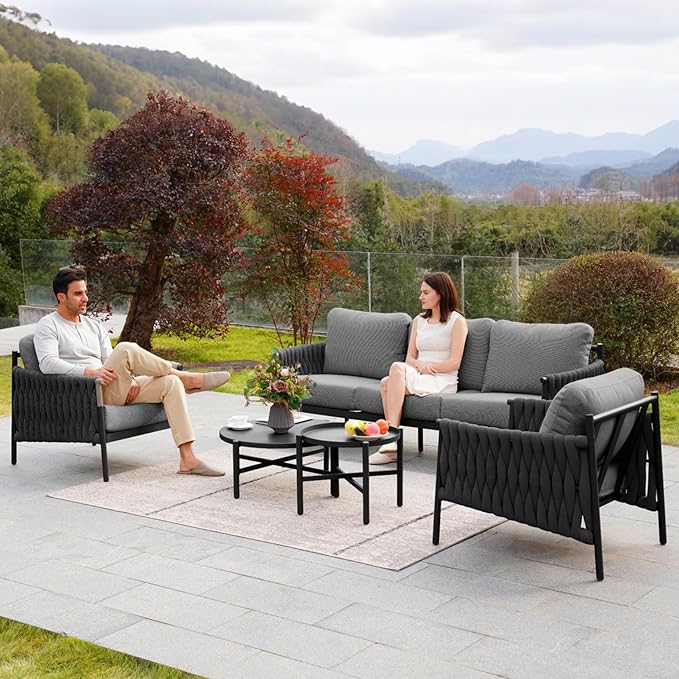 Grand patio 5-Piece Outdoor Furniture Set, Outdoor Sofa Set with 2 Round Side Tables, Modern Metal Patio Couch with Thick Waterproof Cushions for Porch Deck Backyard, Dark Grey