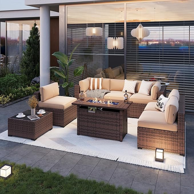 Aoxun Patio Furniture Sets, 8-Piece Outdoor Patio Furniture with 44'' Propane Gas Firepit Table, Wicker Outdoor Conversation Set Sectional Sofa for Backyard, Poolside, Garden