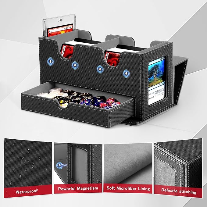 MTG Deck Box with 2 Commander Display,Commder Deck Box Fits 310+ Cards，with Dice Tray,Leather Magnetic,Fits for TCG CCG Magic Cards (Black Gray)