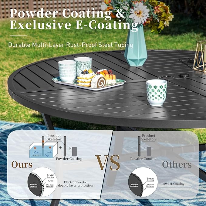 SUNSHINE VALLEY 54" Patio Dining Table for 6, Round Patio Table with Umbrella Hole,E-Coating and Powder Coating Steel Frame Metal Outdoor Patio Table for Garden Backyard Lawn Yard