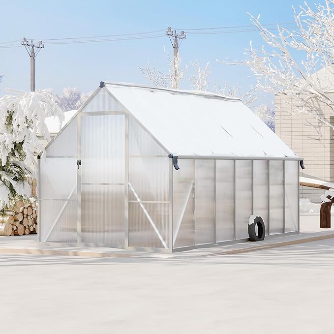 Polycarbonate Greenhouse for Outdoors, Large Walk-InGreenhouse with Quick Setup Structure and Roof Vent, Greenhouse with Ventilation