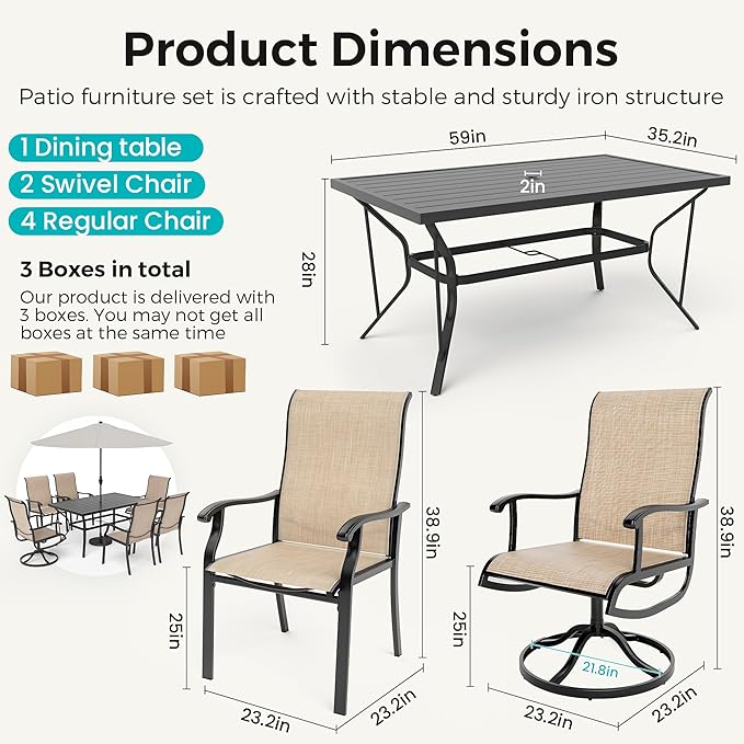 7-Piece Outdoor Dining Set, Patio Furniture Set with 2 Textilene Swivel Chairs & 4 Regular Chairs,Patio Dining Set with 1 Rectangular Table for Garden, Backyard, Poolside, Deck, Beige