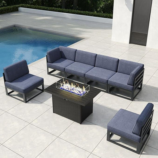 7 Pieces Aluminum Patio Furniture Set with Propane Gas 44" Fire Pit Table, Metal Outdoor Conversation Sofa Set with Seating Cushions
