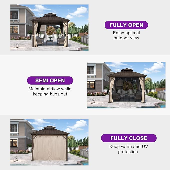 PURPLE LEAF 10’ X 10' Hardtop Gazebo Outdoor Gazebos Metal Frame Galvanized Steel Double Roof with Curtains and Nettings for Patio Desk Backyard Bronze
