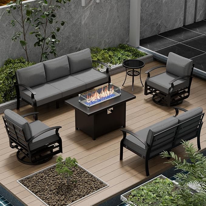 Aluminum Patio Furniture Set with Fire Pit Table, 7 Seats Patio Outdoor Conversation Set with Swivel Chair Modern Metal Patio Sectional Sofas with Upgrade Cushions for Patio, Backyard (Grey)