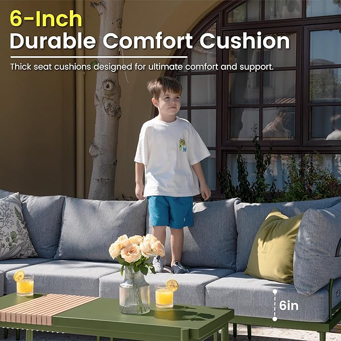 Sundale Outdoor 9 Pieces Patio Furniture Set, U-Shaped Outdoor Sectional Sofa with 6 Inch Olefin Cushion and Coffee Table, Modern Metal Outdoor Conversation Sets (8 Seats,Green Frame)