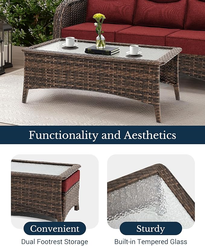HILLGA Luxury High Back Patio Furniture Set with 6-Inch Thick Cushion, 8-Piece Outdoor Conversation Set with Sofa, Swivel Rocker Chairs & Ottomans, Ideal for Porch Pool Deck Yard (Burgundy)