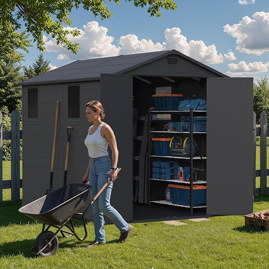Greesum 6×8FT Plastic Outdoor Storage Shed with Floor, Resin Storaged Sheds with Lockable Double Door, Windows & Vents, All-Weather Tool Sheds for Garden, Backyard, Patio, Dark Gray