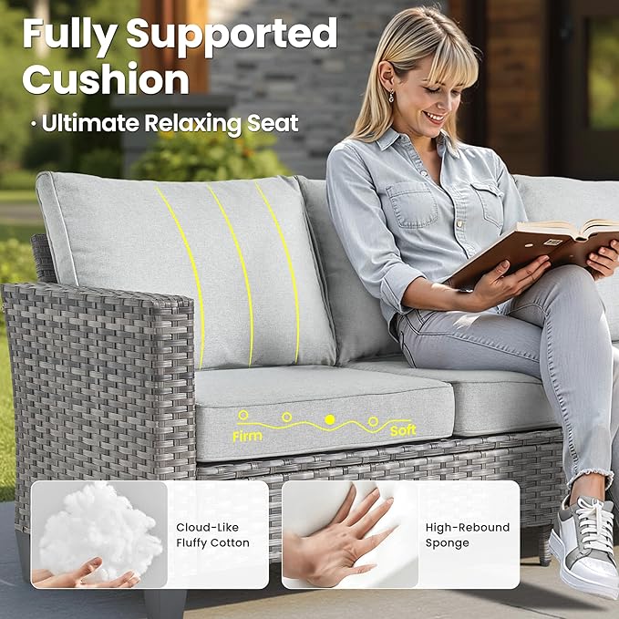 ovios 5 Pieces Patio Furniture Set, Outdoor Wicker Sofa Couch with Rocking Swivel Chairs Solar Lights Table, Modern Deep Seat Rattan Conversation Sets for Porch Deck, Grey