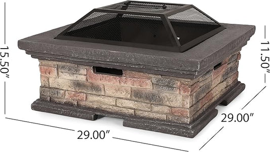 29 Inch Fire Pits for Outside Wood Burning, MGO Square Firepits for Outside, Wood Burning Fire Pit for Camping, Garden, Backyard, Bonfire Party, Stone Gray