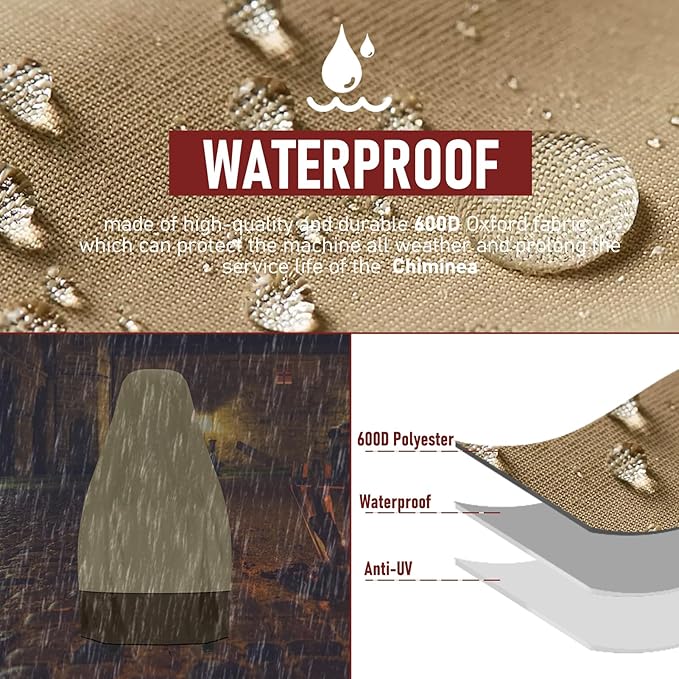 Chiminea Cover Outdoor Waterproof Chiminea Fire Pit Cover Heavy Duty Durable Chiminea Protection Cover with Drawstring (Beige & Brown, 24D x 48H)