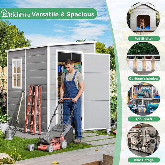 5x4 FT Plastic Outdoor Storage Sheds with Floor and Lockable Door, Compact Resin Outdoor Storage Cabinet Waterproof, Garden Shed/Tool Shed for Backyard, Patio, Grey