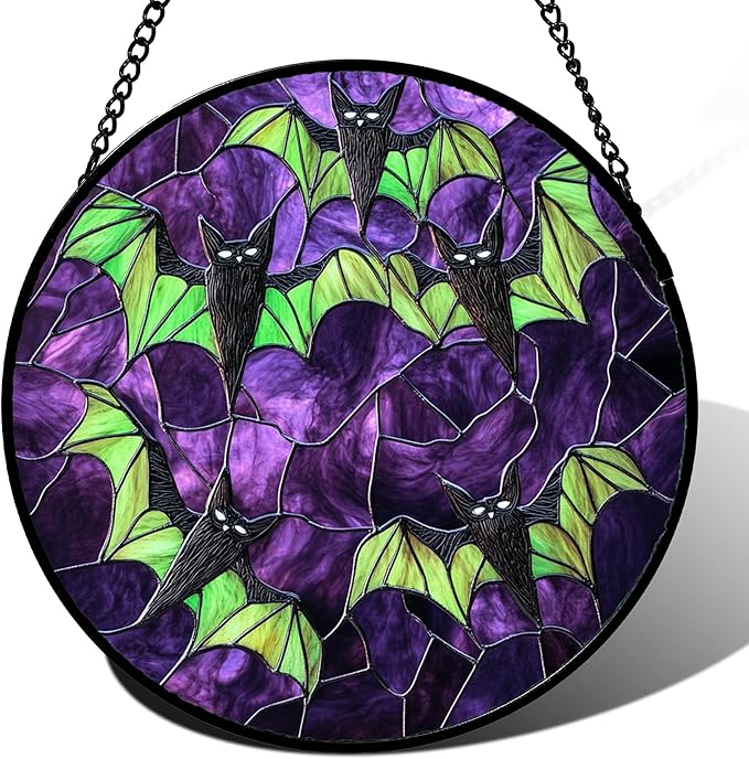 CRISGIF Stained Glass Window Hanging - Halloween Decorations Black Bat with Green Wings Suncatcher for Doors Garden Indoor Spooky Sun Catchers Gothic Decor Horror Gifts for Women Men Friend 9.8 in