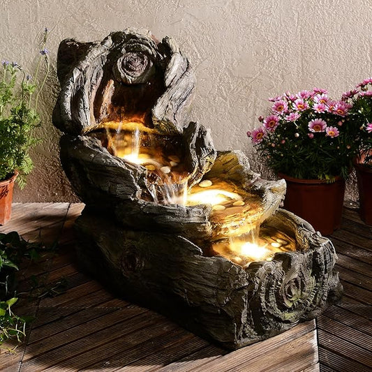31.5" L Garden Water Fountain Indoor/Outdoor, Artifical Imitation Wood Outdoor Water Fountain Natural Waterfall with LED Lights for Patio,Porch,Backyard,Home Art Decor Big Clearance