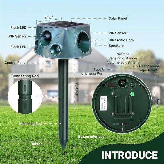 360° Deer Repellent Device, IP66 Waterproof Solar Ultrasonic Animal Repellent, Pest Repeller with Motion Detection & PIR Sensors, Cat Deterrent Outdoor for Repelling Sankes, Raccoons, Cats, Dogs