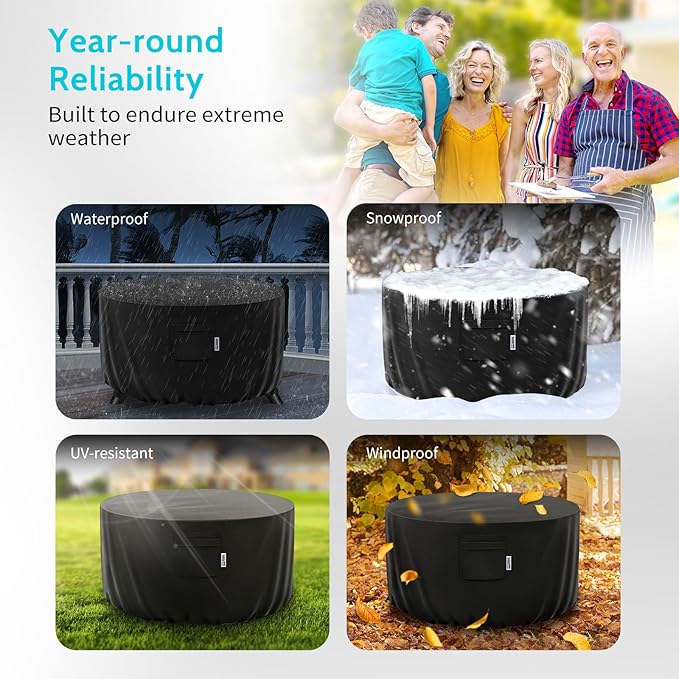 48" Round Fire Pit Cover – Heavy-Duty Waterproof Oxford, Buckle Straps, Air Vents & Drawstring – Windproof & UV-Resistant for Worry-Free Year-Round Protection on Patio Fire Pits & Tables